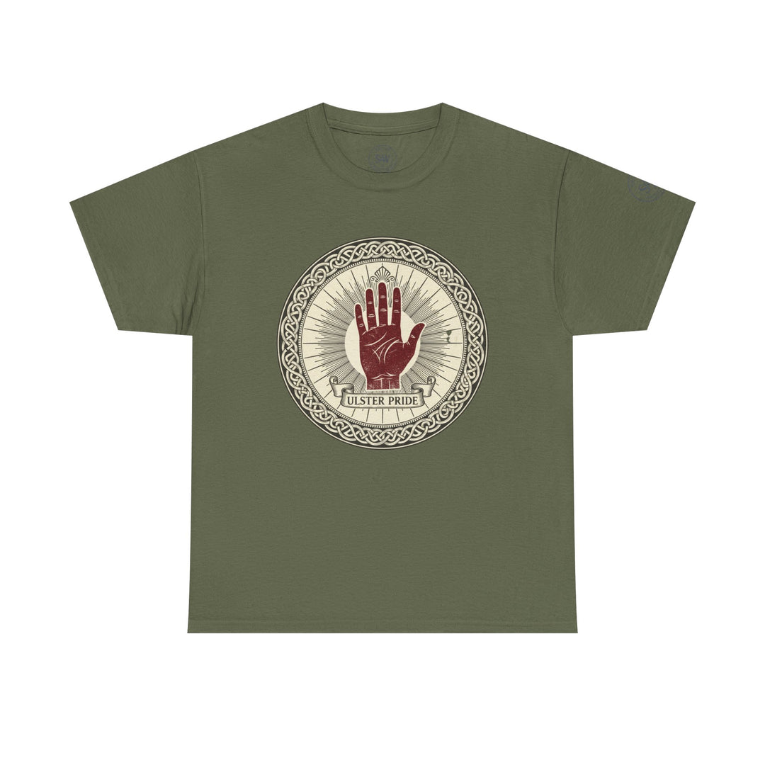 Olive green t-shirt by S&amp;W Gallus, featuring a red hand Ulster Pride graphic within a circular Celtic knot design.