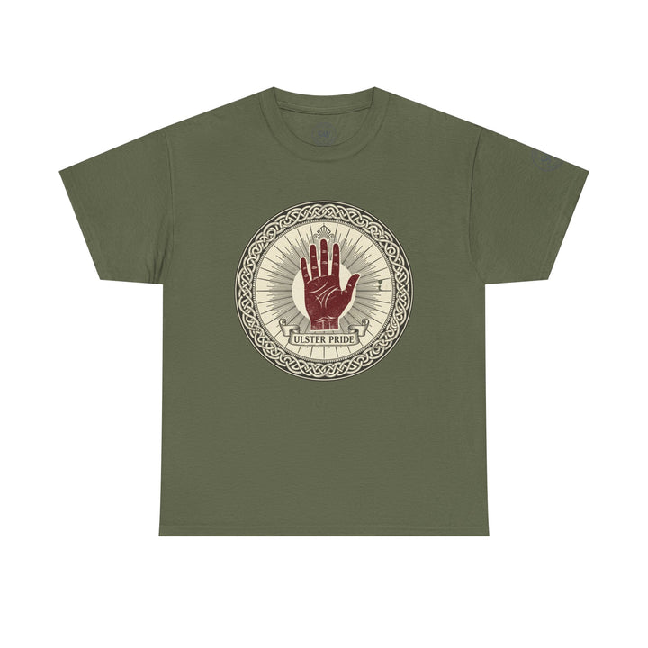 Olive green t-shirt by S&amp;W Gallus, featuring a red hand Ulster Pride graphic within a circular Celtic knot design.