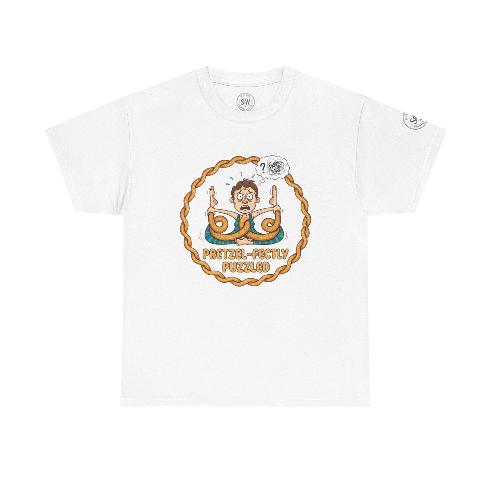 White Pretzel-Yoga T-shirt by S&W Gallus with a graphic of a pretzel-yoga pose.