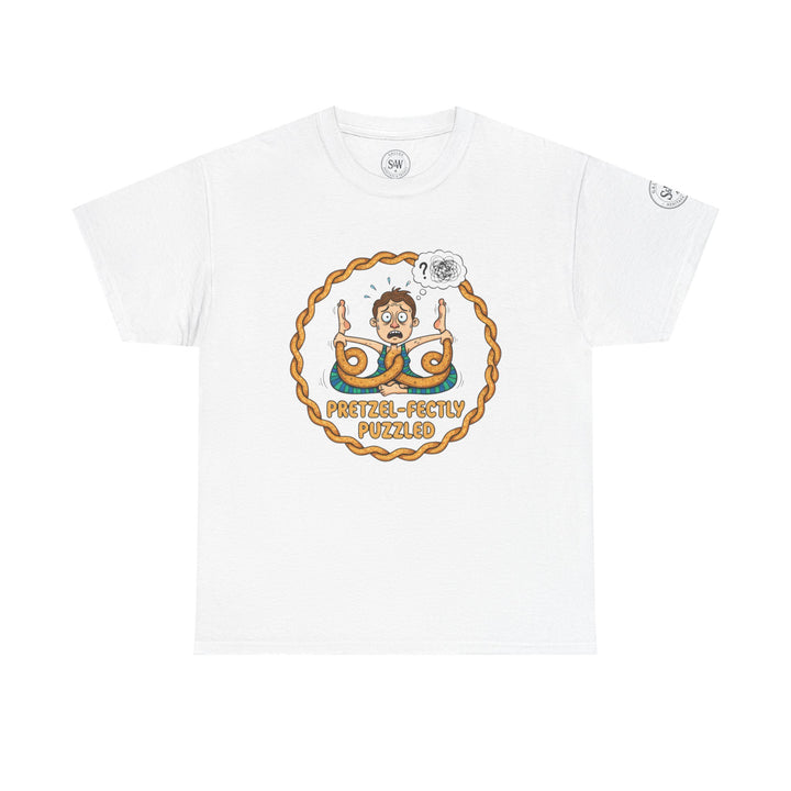 White Pretzel-Yoga T-shirt by S&amp;W Gallus with a graphic of a pretzel-yoga pose.