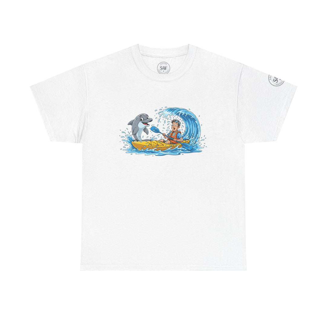 White t-shirt by S&amp;W Gallus with cartoon illustration of a man kayaking next to a dolphin in the ocean.