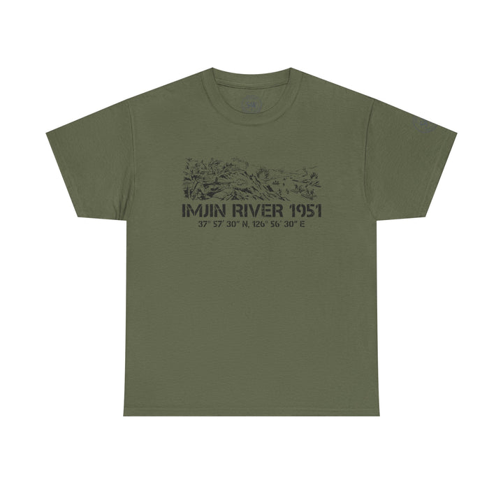 Olive green t-shirt by S&amp;W Gallus featuring a battle scene and "Imjin River 1951" text.
