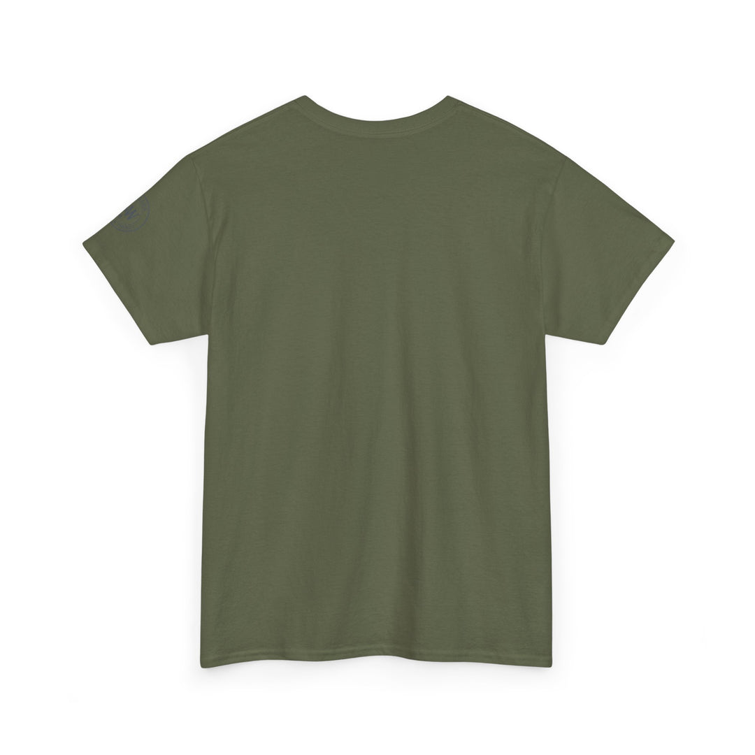 Olive green t-shirt by S&amp;W Gallus, featuring a faint blueprint graphic on the left sleeve.