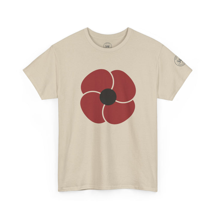 Beige t-shirt with a poppy flower graphic by S&amp;W Gallus, with logos on the sleeve and collar.