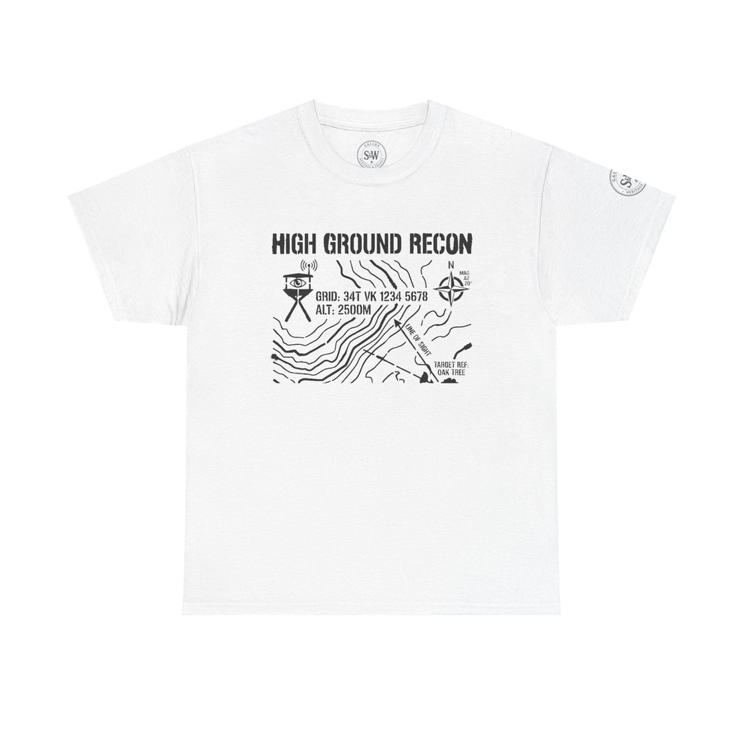 White graphic T-shirt by S&amp;W Gallus featuring a black topographic map military patrol graphic print on the front.