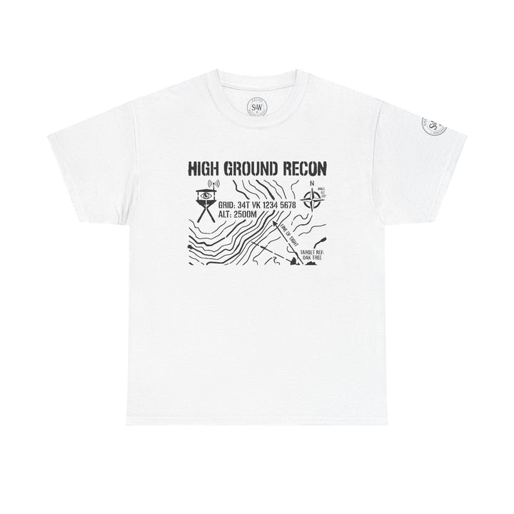 White graphic T-shirt by S&amp;W Gallus featuring a black topographic map military patrol graphic print on the front.