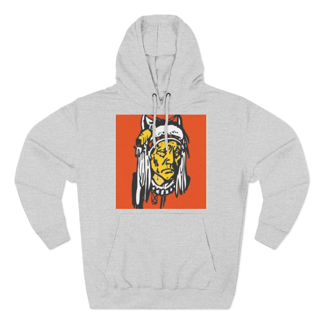 Grey heritage graphic hoodie by S&amp;W Gallus featuring a graphic print of a Native American person in orange.