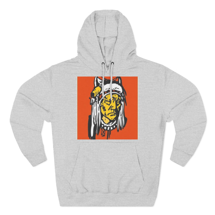 Grey heritage graphic hoodie by S&amp;W Gallus featuring a graphic print of a Native American person in orange.