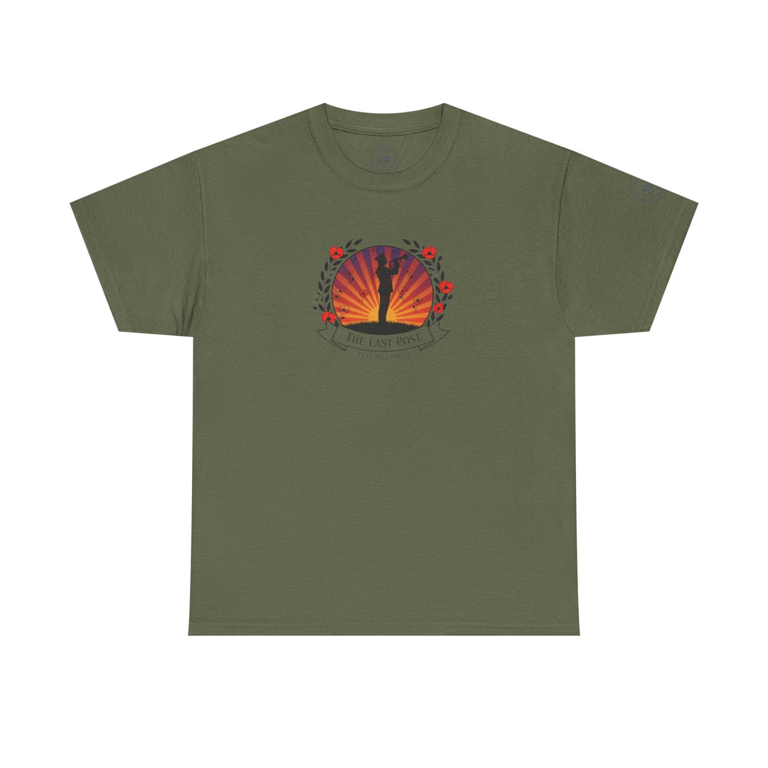 Olive green t-shirt by S&amp;W Gallus with a graphic print featuring a poppy wreath and a silhouette of a bugler.