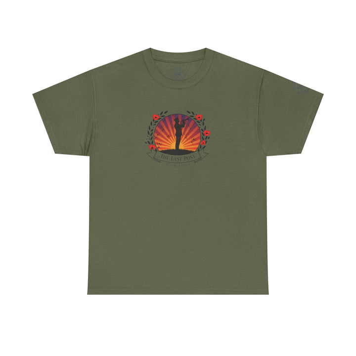 Olive green t-shirt by S&amp;W Gallus with a graphic print featuring a poppy wreath and a silhouette of a bugler.