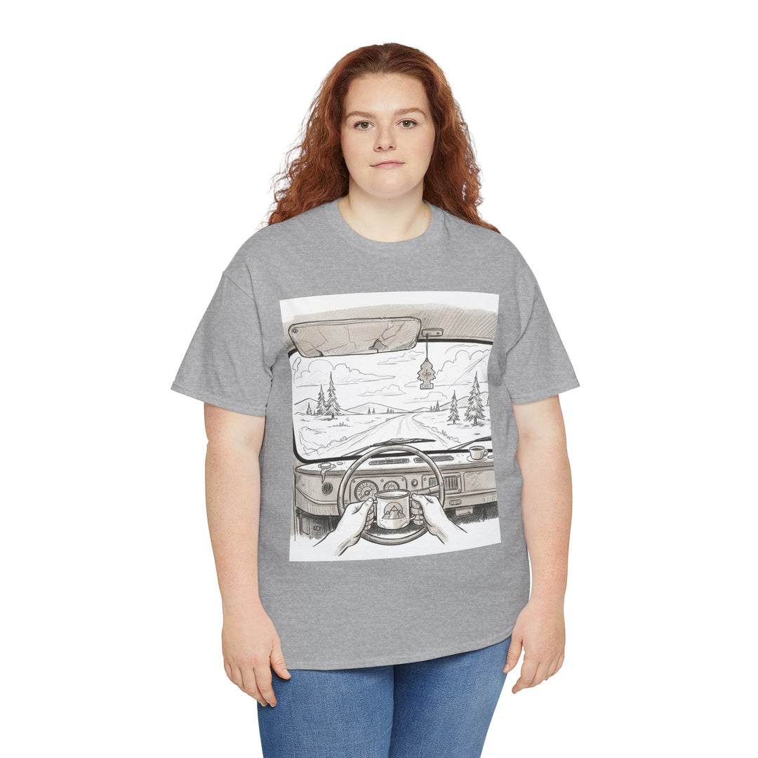 Scenic Drive Van Illustration Tee – soft cotton with a detailed van and landscape design. Perfect for road trips, outdoor adventures, and casual wear.