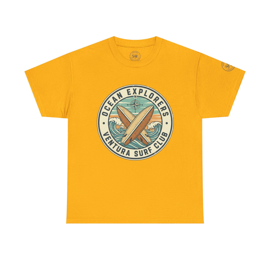 Yellow Ventura Surf Club T-shirt by S&amp;W Gallus, featuring a circular logo with crossed surfboards and ocean waves.