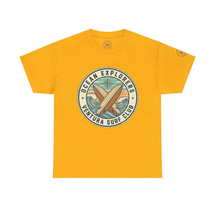 Yellow Ventura Surf Club T-shirt by S&amp;W Gallus, featuring a circular logo with crossed surfboards and ocean waves.