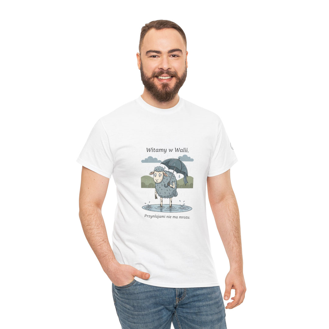 White graphic t-shirt by S&amp;W Gallus, featuring a cartoon sheep with an umbrella, styled on a smiling man.