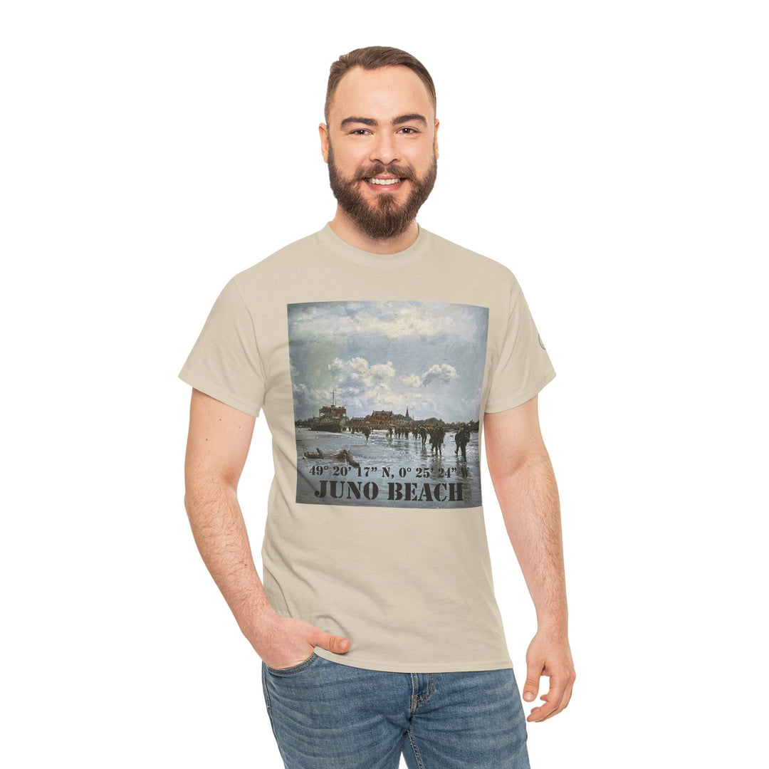 Beige t-shirt by Veteran owned, featuring a Juno Beach WWII graphic and coordinates, worn with jeans.
