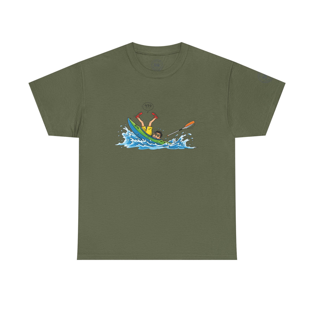 Olive green t-shirt by S&amp;W Gallus, featuring a cartoon drawing of a kayaker capsizing.