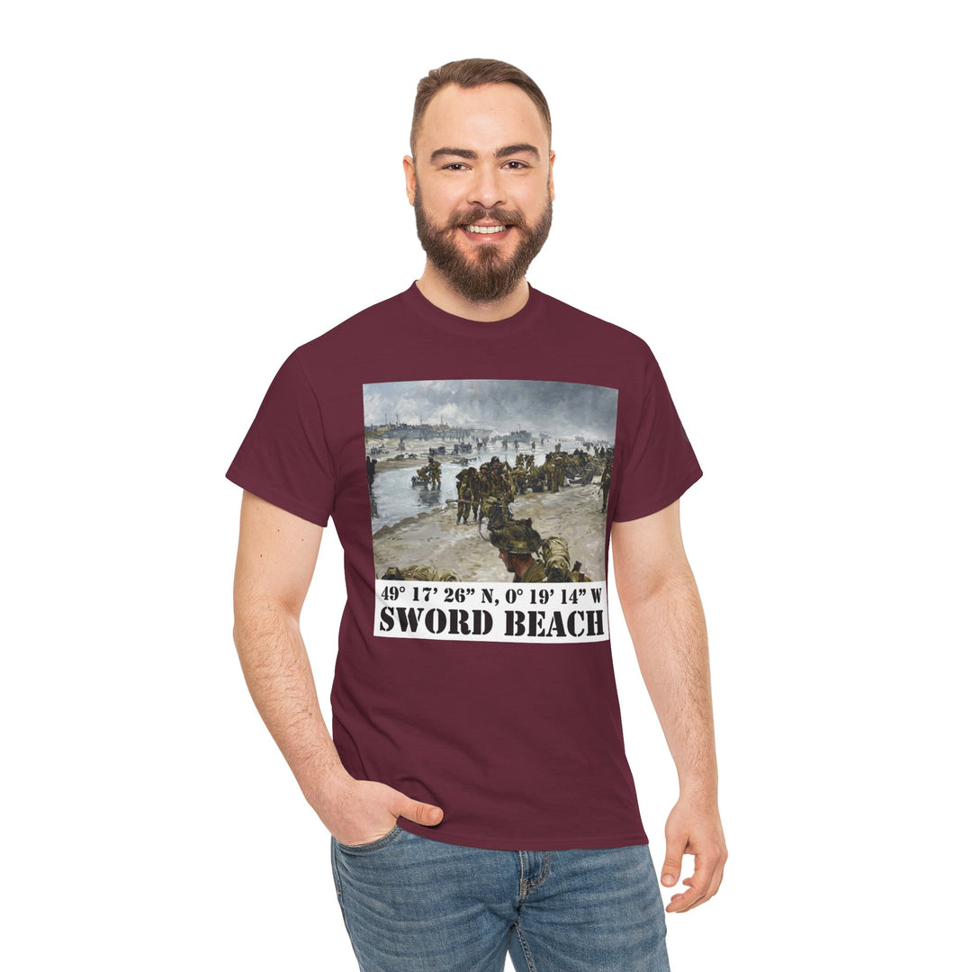 Maroon t-shirt by Veteran owned, displaying a painting of Sword Beach with its coordinates, paired with blue jeans.