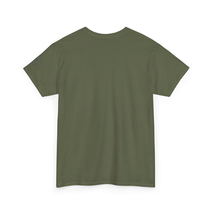 Olive drab t-shirt by S&amp;W Gallus, with a small graphic on the left sleeve.