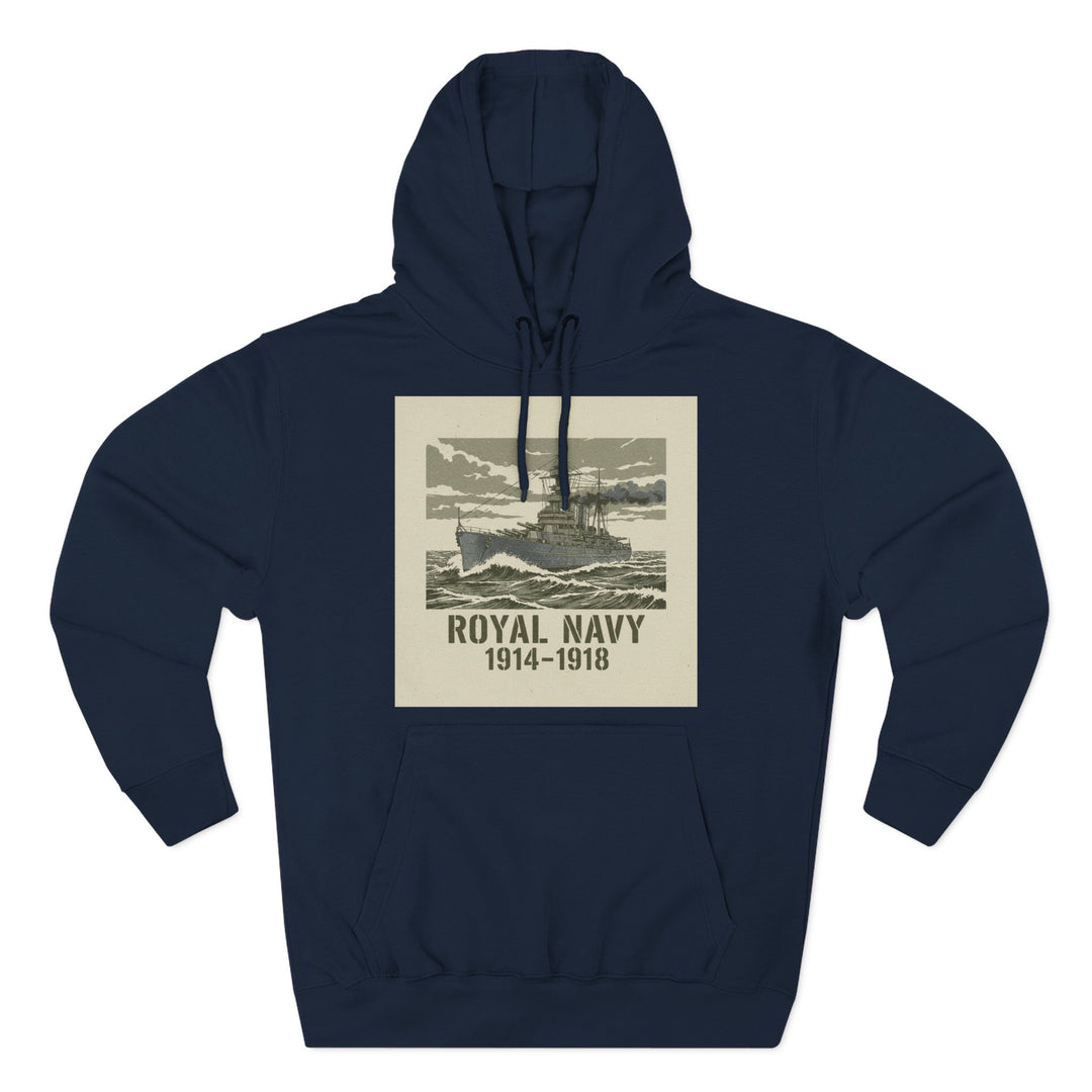 Navy hoodie by S&amp;W Gallus, featuring a vintage illustration of a battleship on water with text.