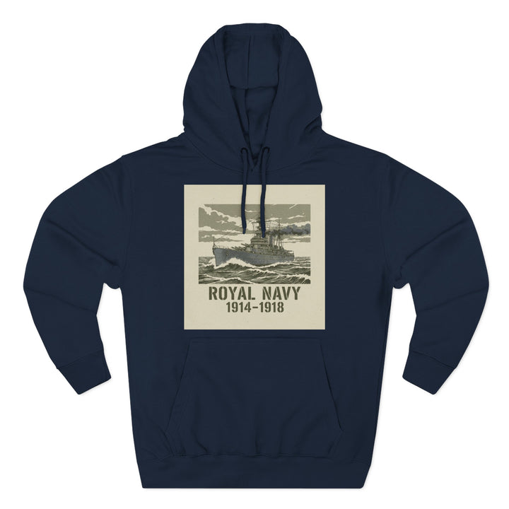 Navy hoodie by S&amp;W Gallus, featuring a vintage illustration of a battleship on water with text.