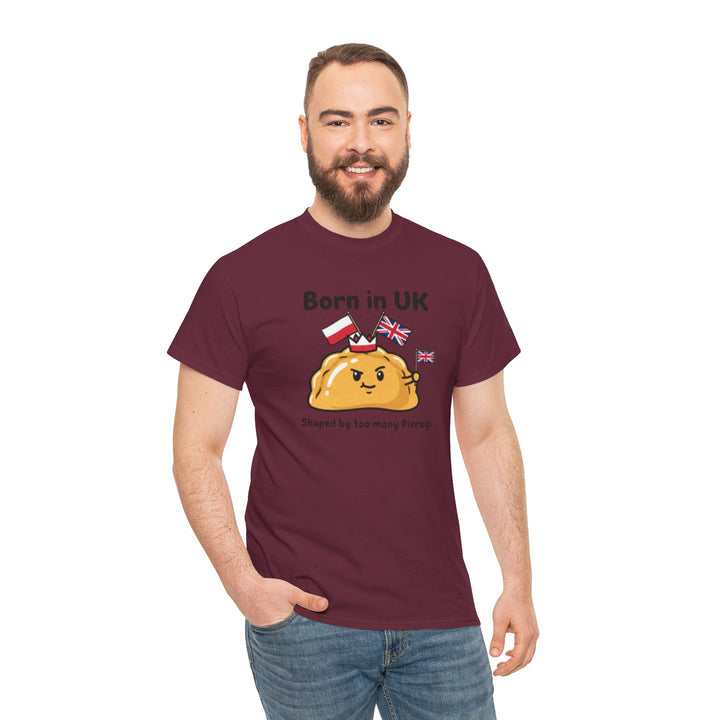 Maroon t-shirt by S&amp;W Gallus with a graphic print of a pierogi wearing a crown and British and Polish flags.