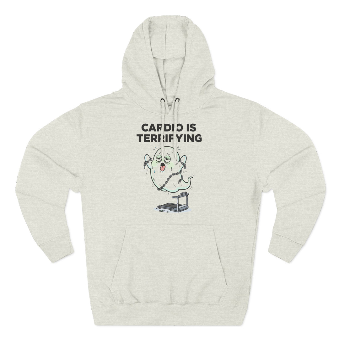 Heather oatmeal hoodie by S&amp;W Gallus, featuring a cartoon ghost on a treadmill with the text "Cardio is terrifying."