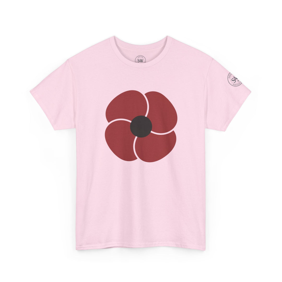 Pink t-shirt by S&amp;W Gallus with a red poppy flower design on the front.