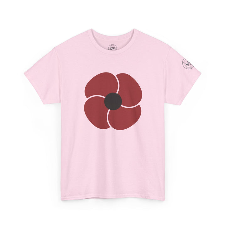 Pink t-shirt by S&amp;W Gallus with a red poppy flower design on the front.