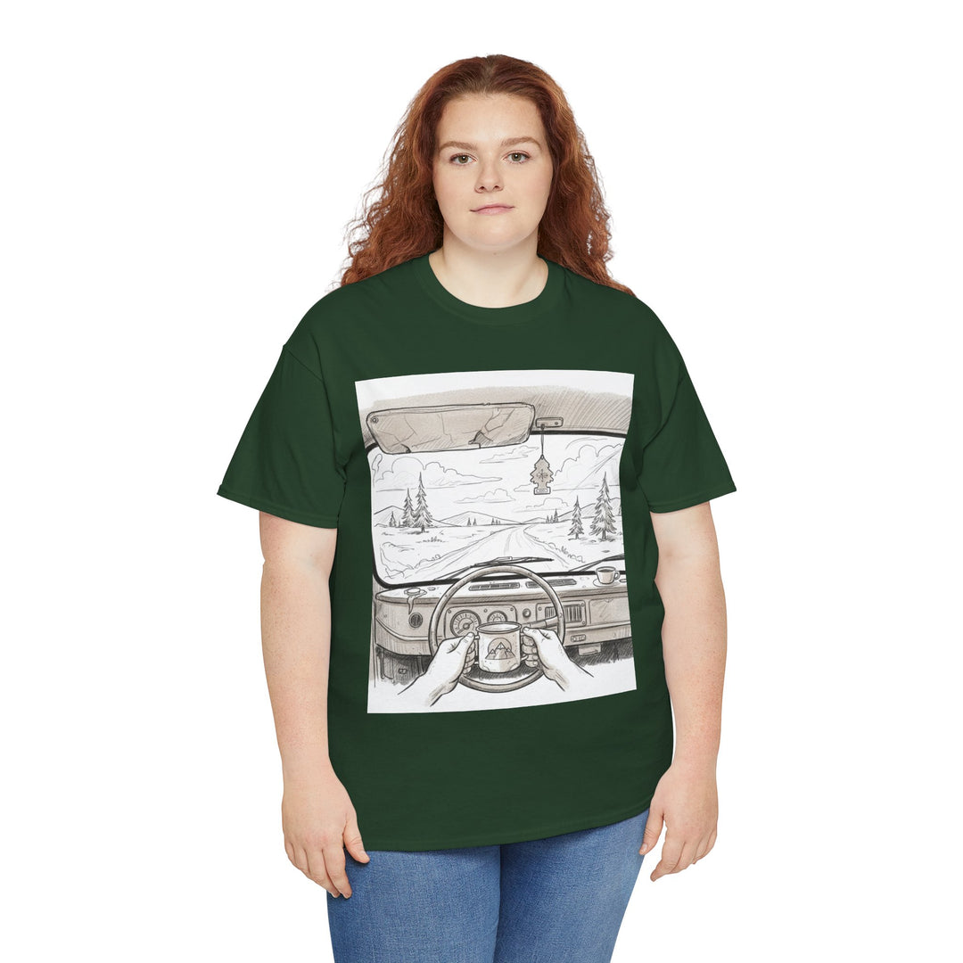 Scenic Drive Van Illustration Tee – soft cotton with a detailed van and landscape design. Perfect for road trips, outdoor adventures, and casual wear.