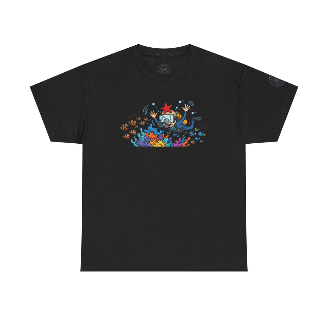 Black Diver Coral Reef T-Shirt by S&amp;W Gallus, featuring colorful underwater wildlife graphics on the chest.