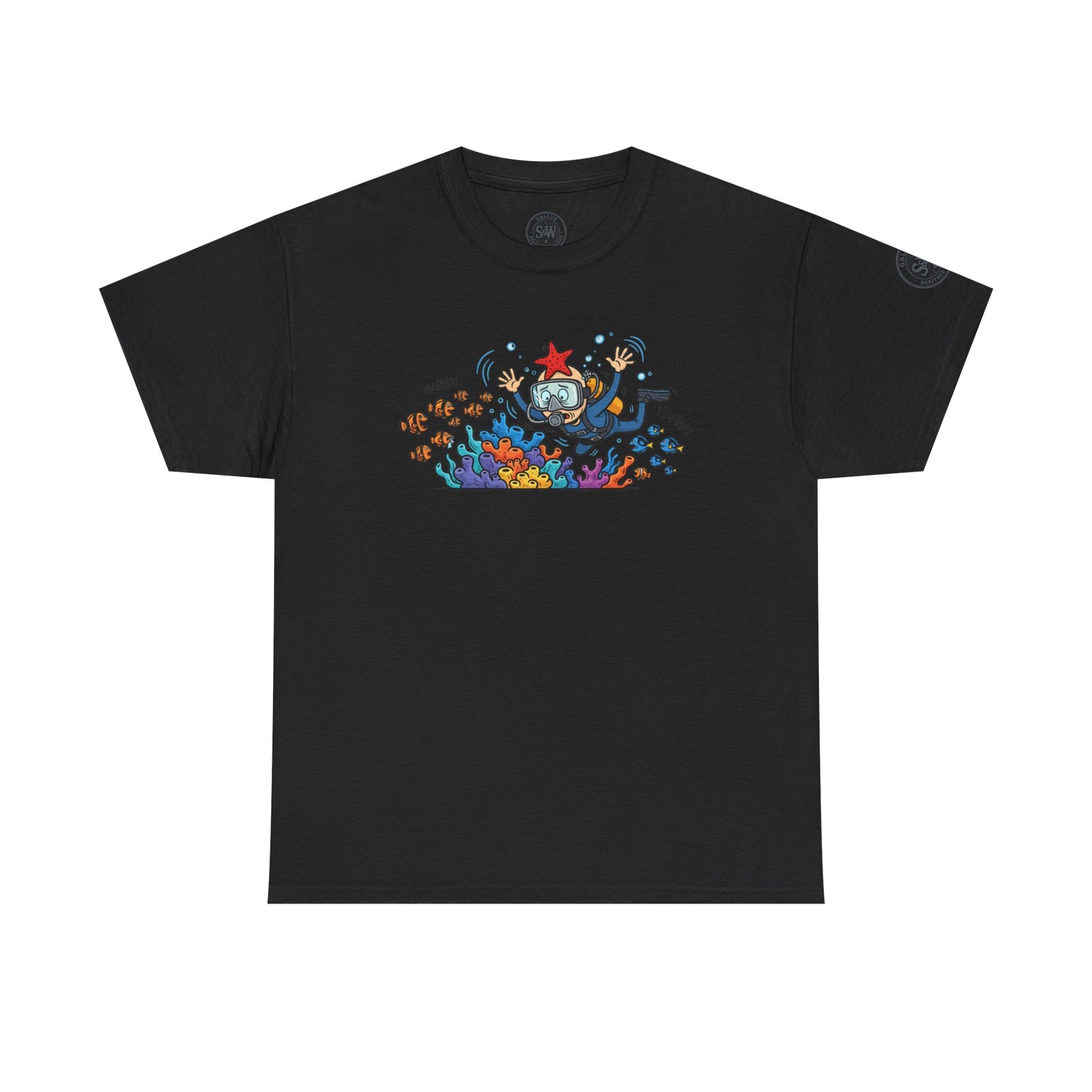 Black Diver Coral Reef T-Shirt by S&W Gallus, featuring colorful underwater wildlife graphics on the chest.