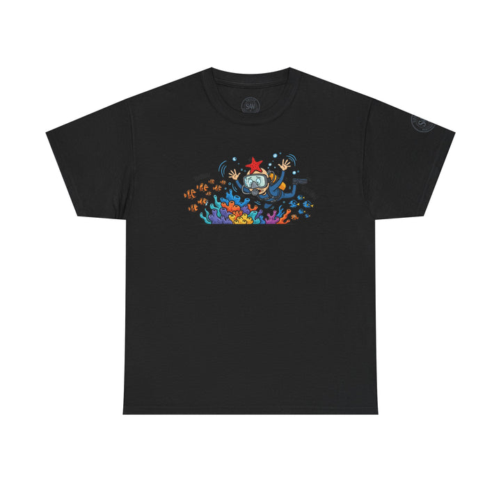 Black Diver Coral Reef T-Shirt by S&amp;W Gallus, featuring colorful underwater wildlife graphics on the chest.