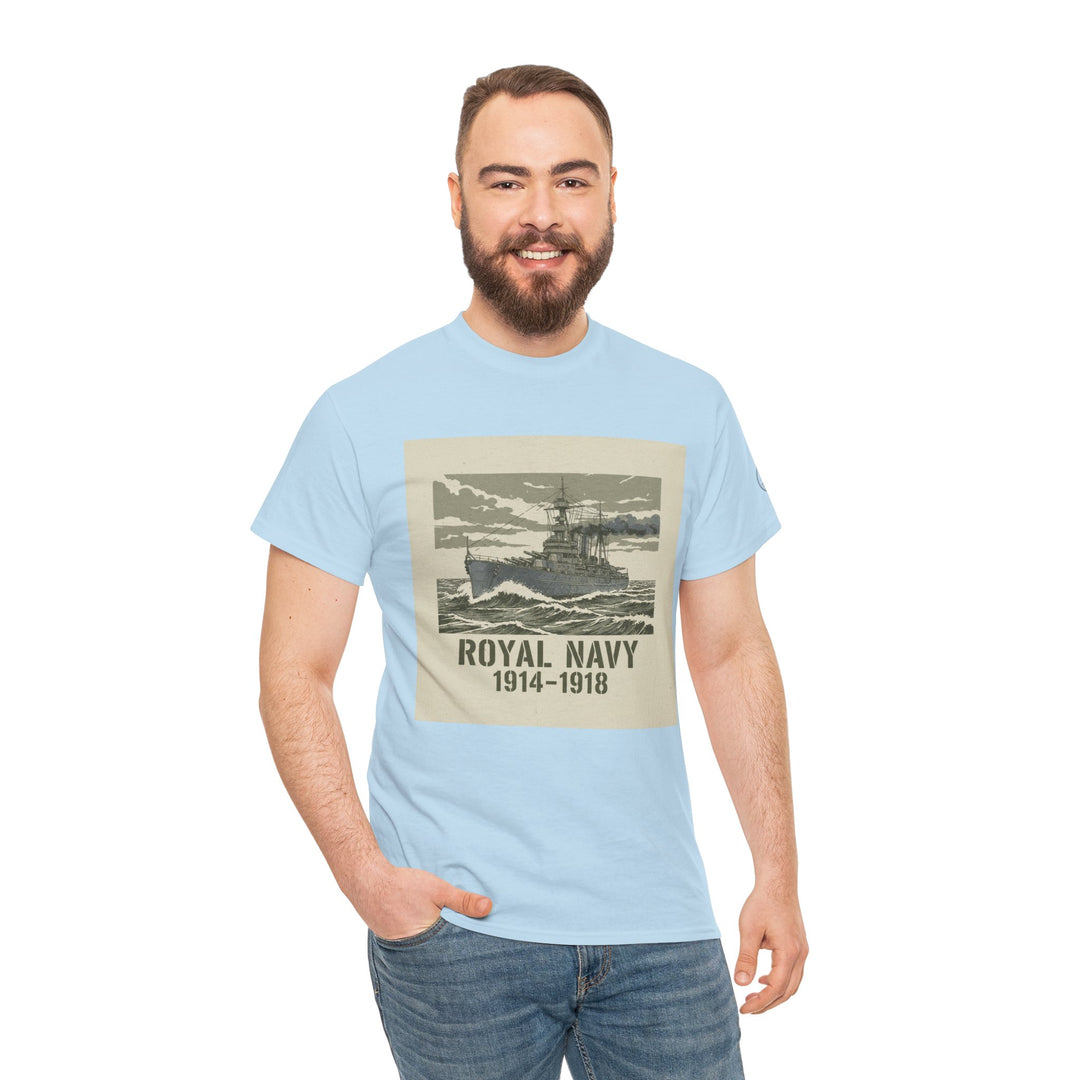 Light blue t-shirt by S&amp;W Gallus featuring a graphic of a battleship and "Royal Navy 1914-1918".