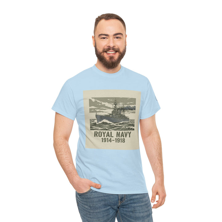 Light blue t-shirt by S&amp;W Gallus featuring a graphic of a battleship and "Royal Navy 1914-1918".