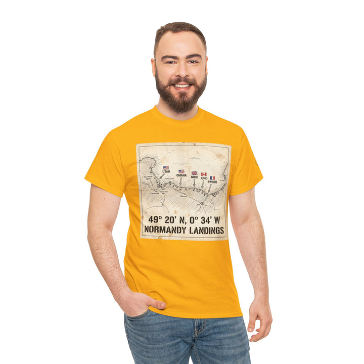 Yellow graphic tee by Veteran owned, displaying a Normandy landings map and coordinate details, worn with jeans.