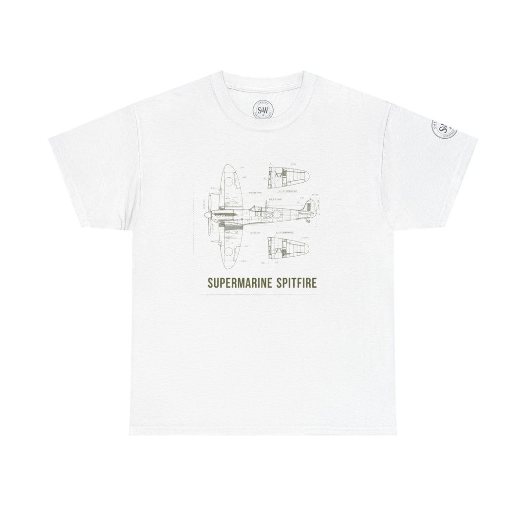 White Supermarine Spitfire Aircraft schematic T-shirt from S&amp;W Gallus, featuring a blueprint design on the front.
