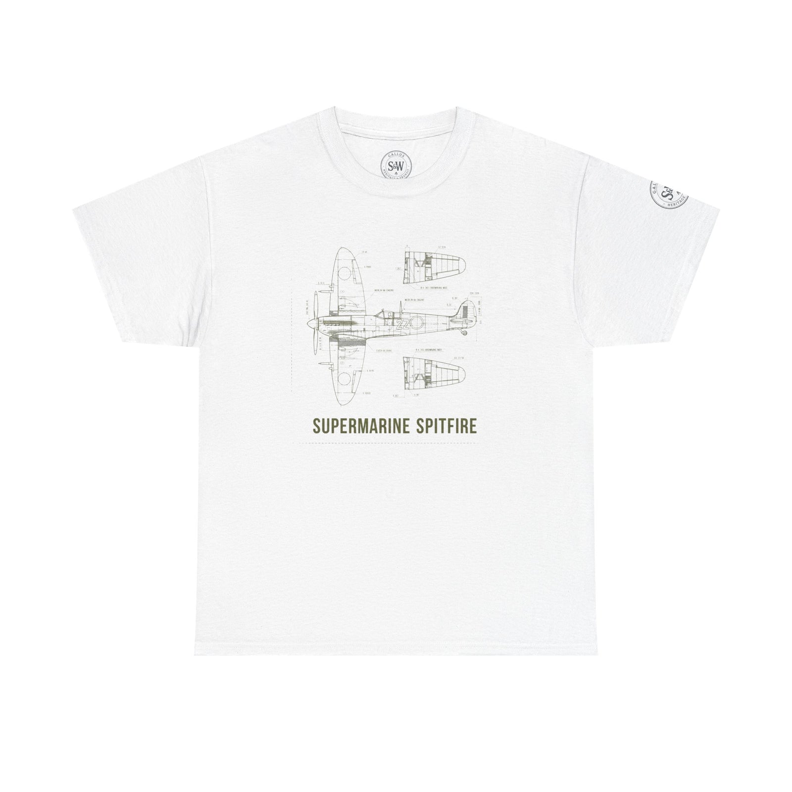 White Supermarine Spitfire Aircraft schematic T-shirt from S&W Gallus, featuring a blueprint design on the front.