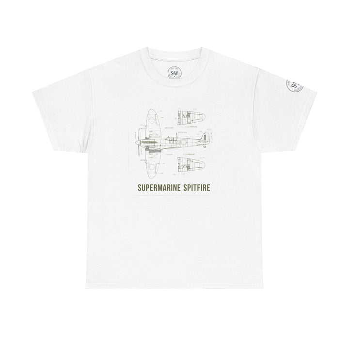 White Supermarine Spitfire Aircraft schematic T-shirt from S&amp;W Gallus, featuring a blueprint design on the front.