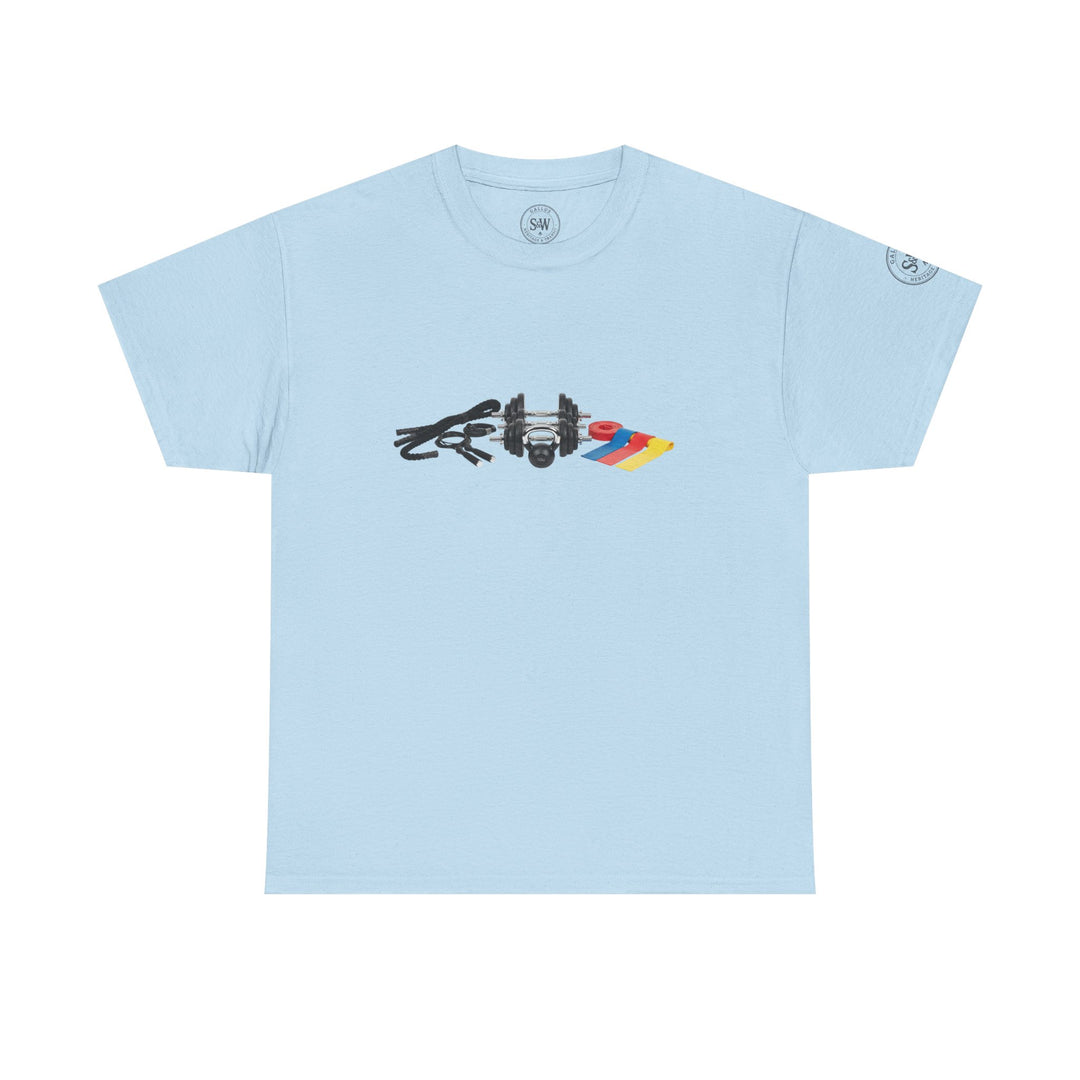 Light blue t-shirt by S&amp;W Gallus with a graphic of exercise equipment on the front.
