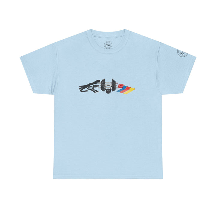 Light blue t-shirt by S&amp;W Gallus with a graphic of exercise equipment on the front.
