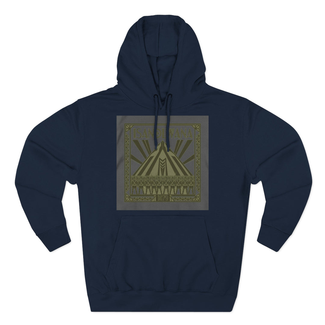 Navy blue hoodie by S&amp;W Gallus featuring an Isandlwana-themed graphic on the chest, with a front pocket and hood.