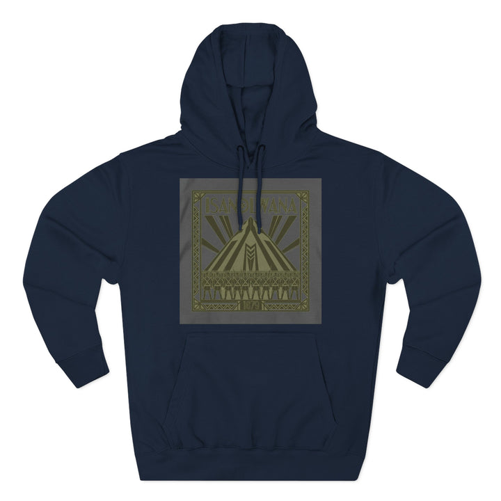 Navy blue hoodie by S&amp;W Gallus featuring an Isandlwana-themed graphic on the chest, with a front pocket and hood.