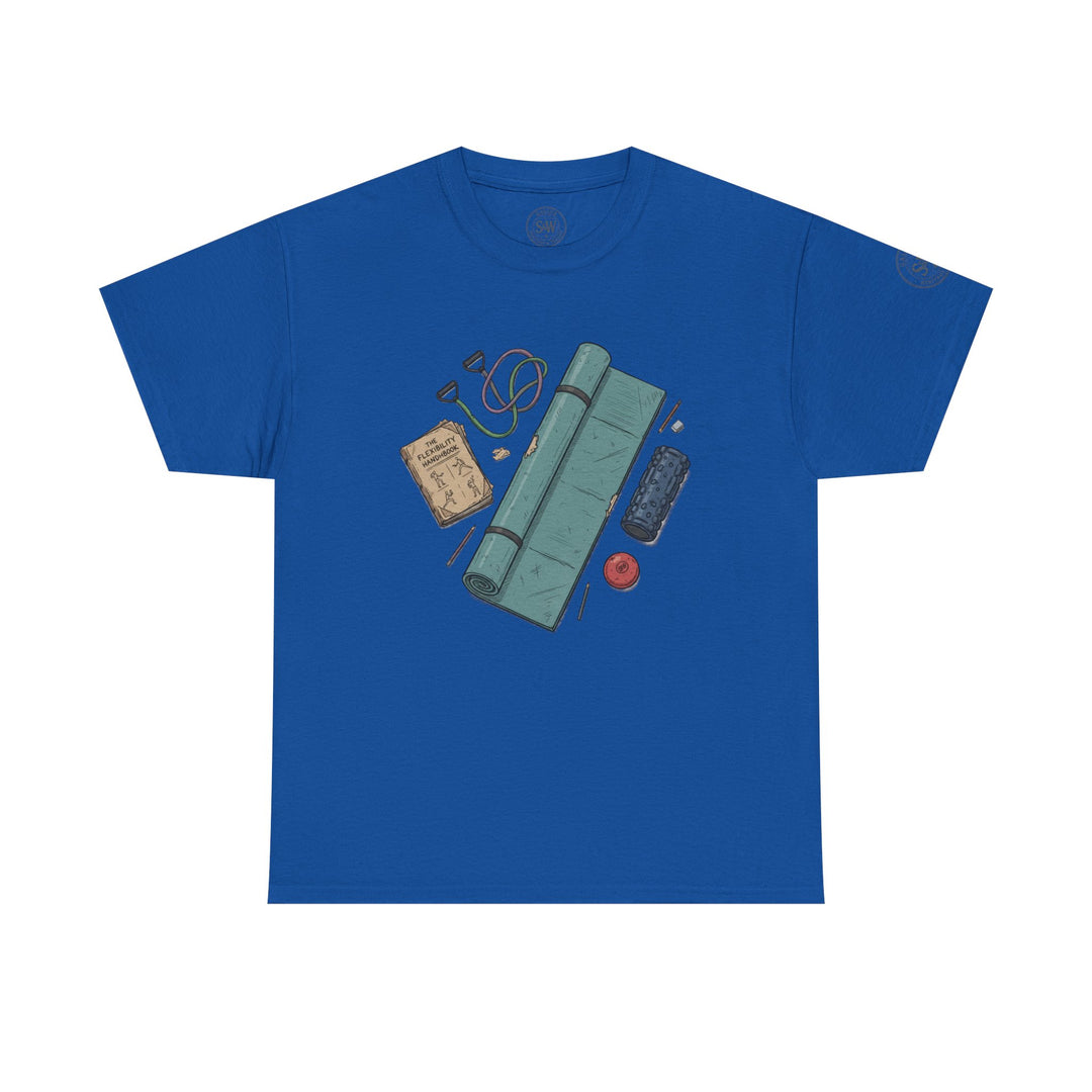 Royal blue t-shirt by S&amp;W Gallus with flexibility and fitness accessories printed on the front.