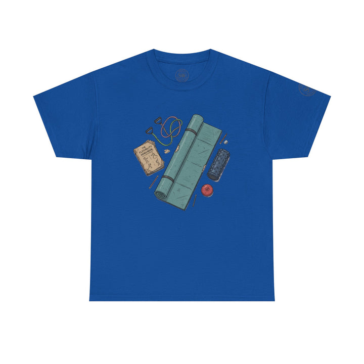 Royal blue t-shirt by S&amp;W Gallus with flexibility and fitness accessories printed on the front.