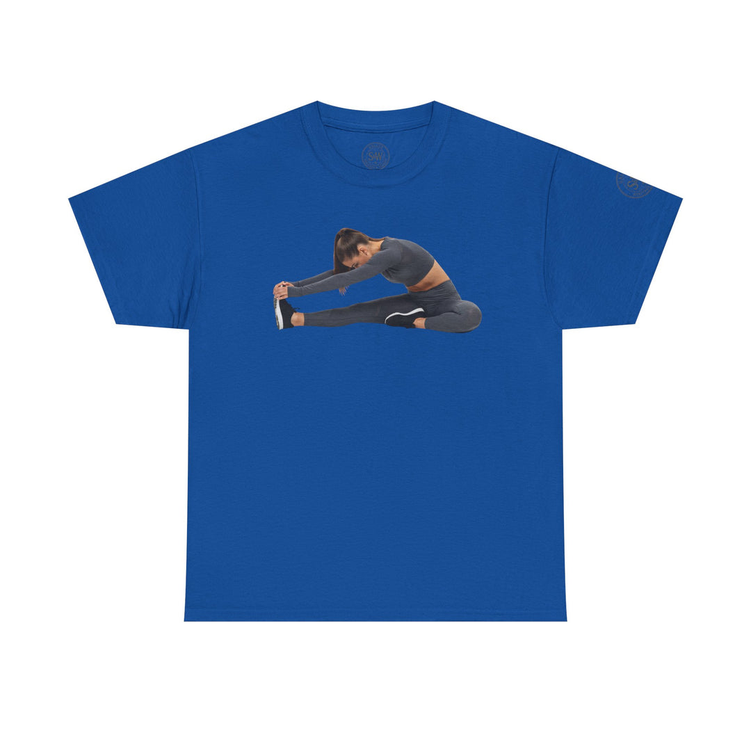Blue t-shirt by S&amp;W Gallus featuring a woman stretching on the front, and a logo on the sleeve and neck label.