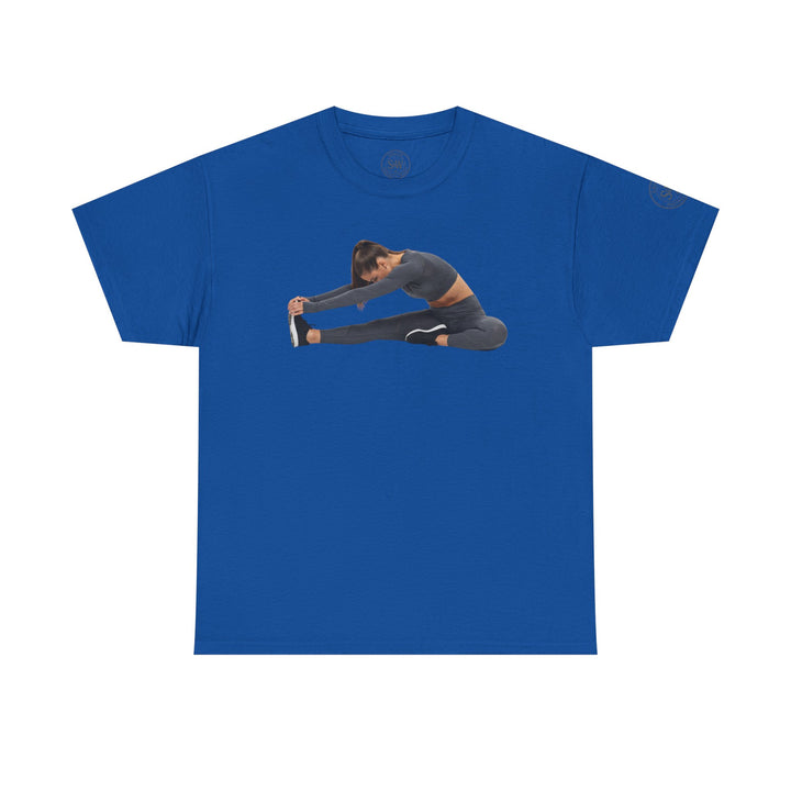 Blue t-shirt by S&amp;W Gallus featuring a woman stretching on the front, and a logo on the sleeve and neck label.