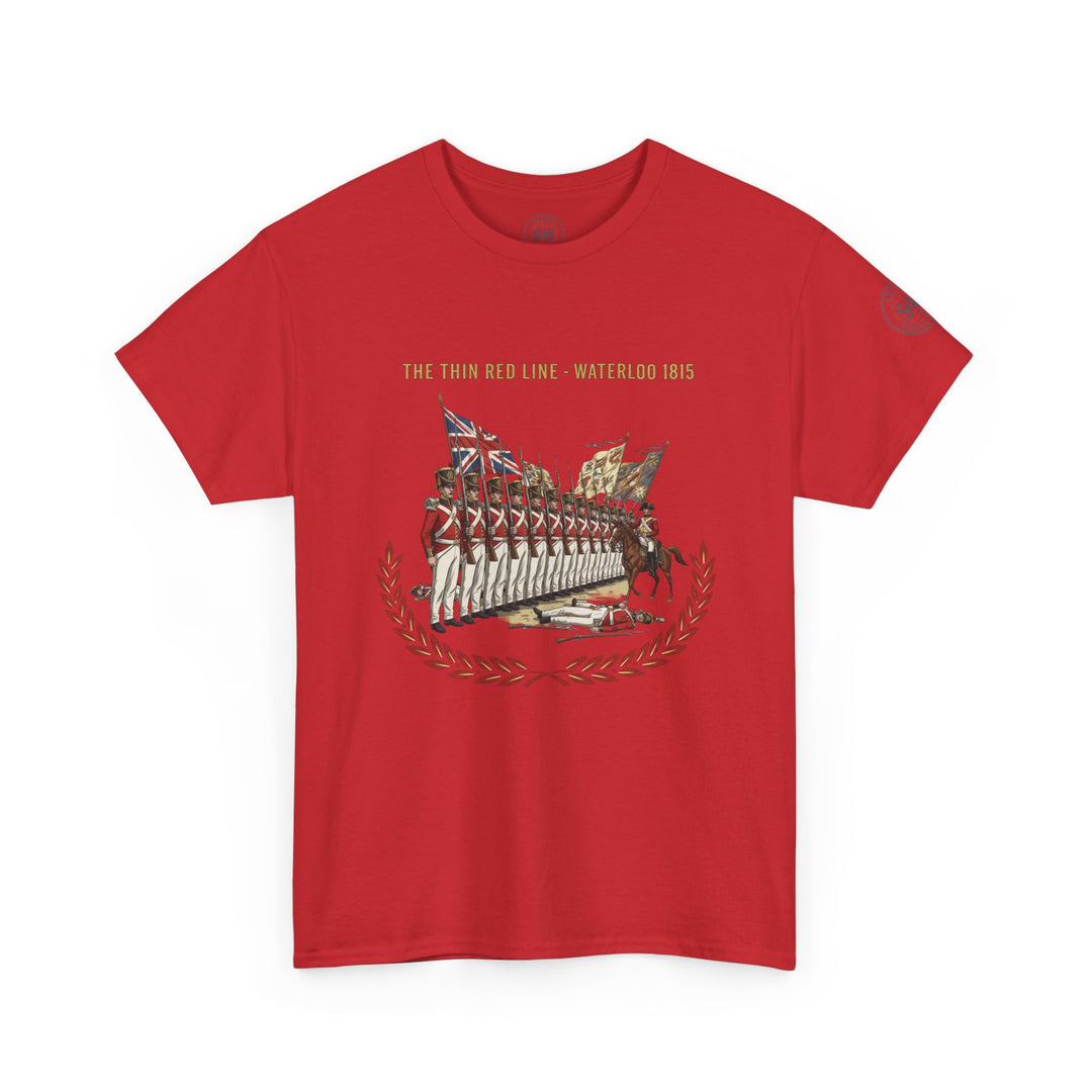 Red t-shirt by S&amp;W Gallus, featuring a "Thin Red Line - Waterloo 1815" graphic and a laurel wreath design on the front.
