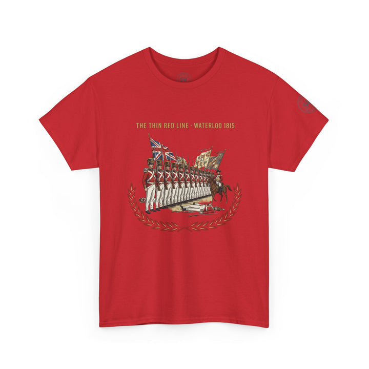 Red t-shirt by S&amp;W Gallus, featuring a "Thin Red Line - Waterloo 1815" graphic and a laurel wreath design on the front.