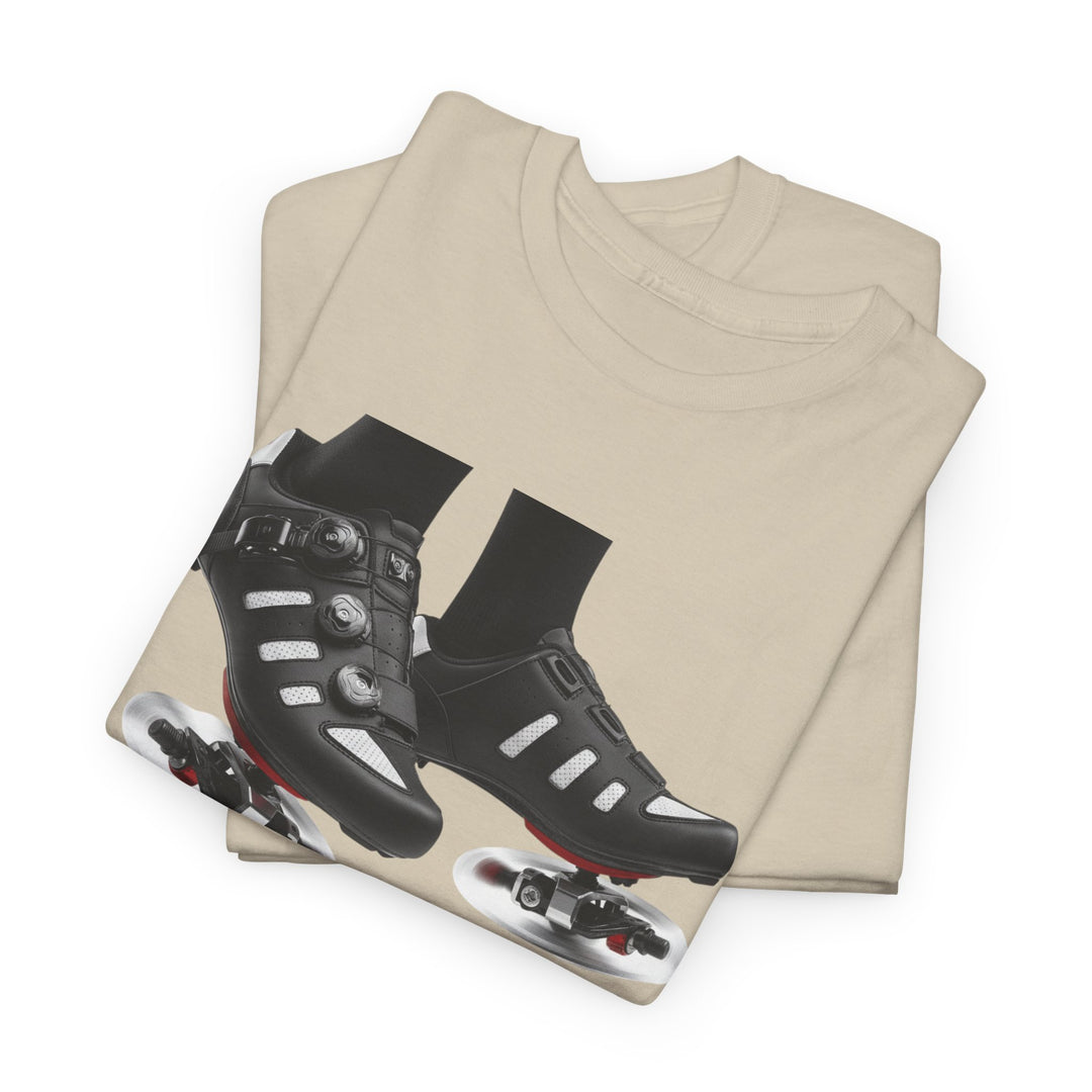 Spin Shoes Tee – soft, breathable cotton featuring a cycling shoes graphic. Perfect for spin classes, indoor workouts, and casual activewear.