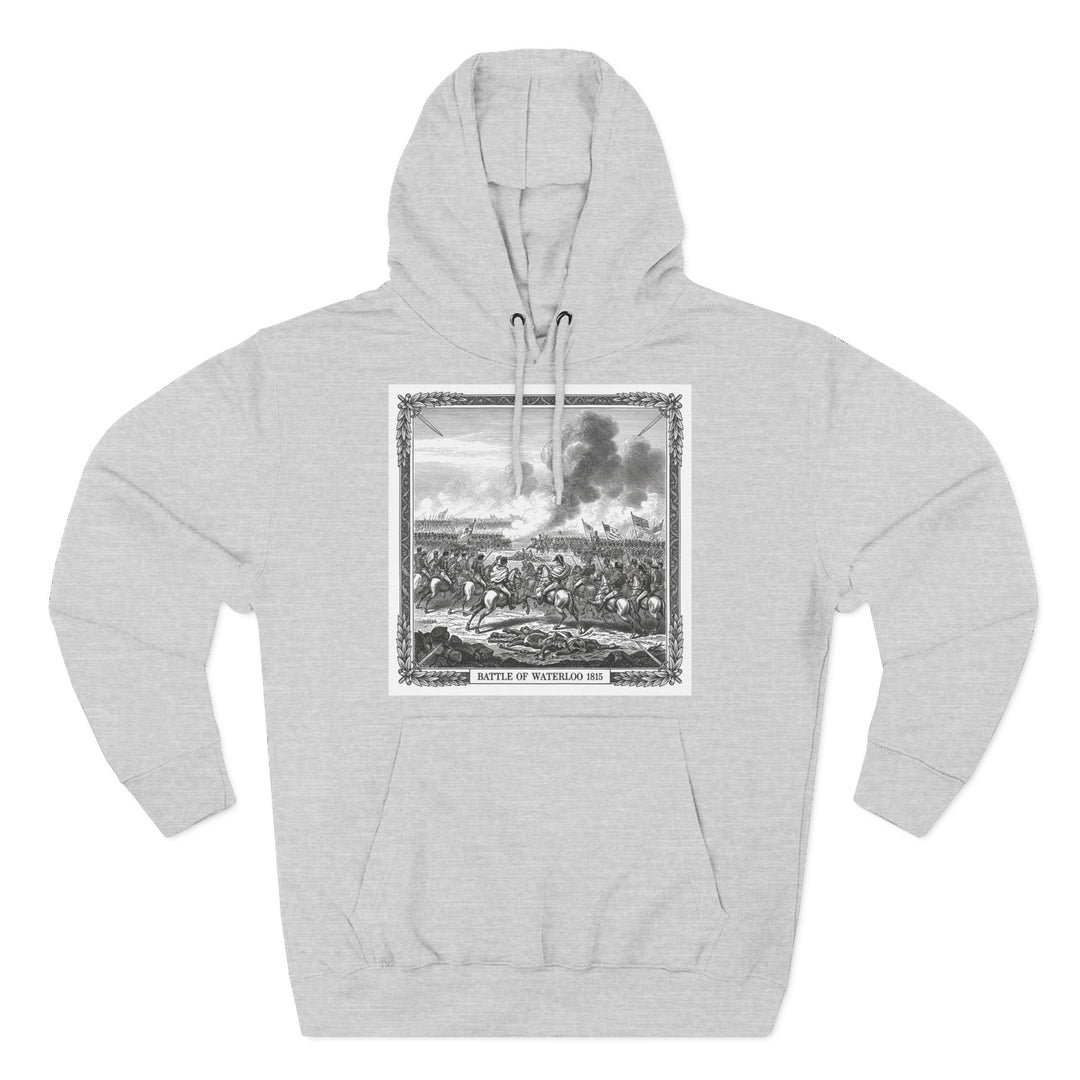 Gray hoodie by S&amp;W Gallus featuring a print of the Battle of Waterloo 1815 on the front.